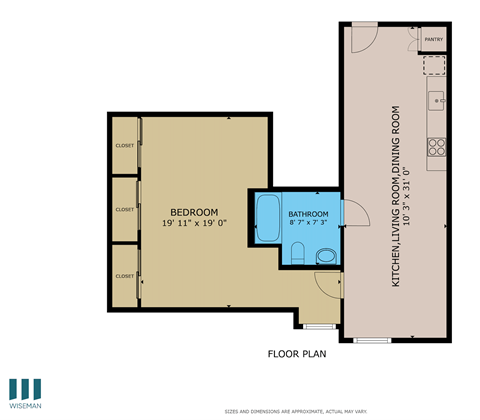 Floor plan for 1 bed, 1 bath, 505 sqft